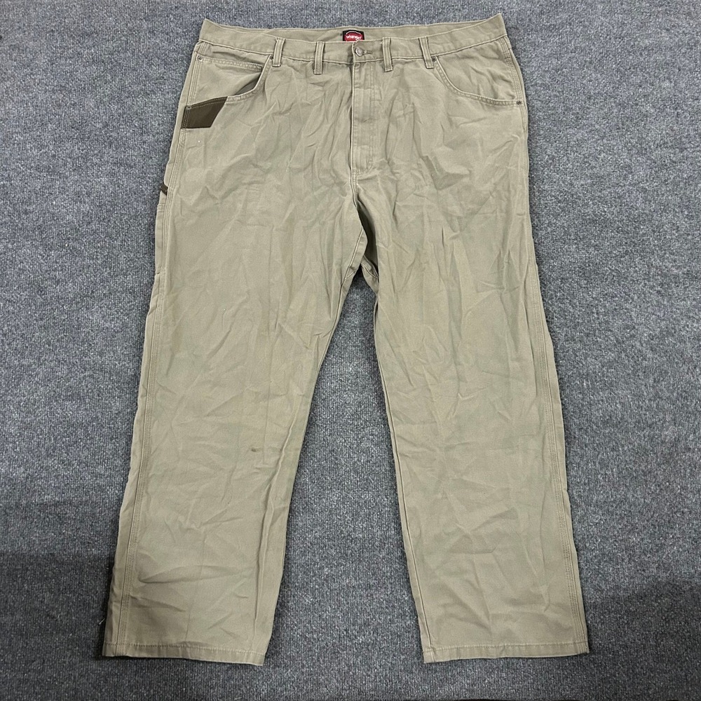 Wrangler Pants Mens 44x30 Khaki Tan Canvas Workwear Carpenter Straight Leg Stain